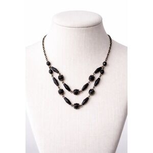 1928 Jewelry Vintage Style Black Beaded Layered Necklace Dark Silver Crystal